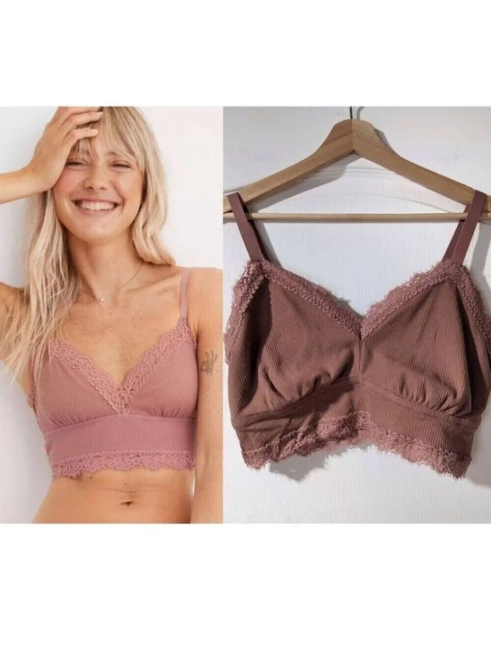 NEW aerie | Ribbed Eyelash Lace Trim Longline Bralette XL